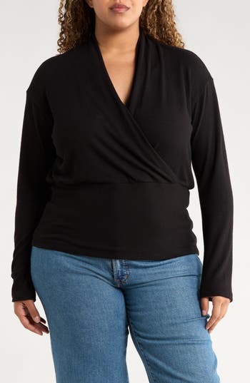 Renee C Surplice V-neck Long Sleeve Brushed Knit Top In Black