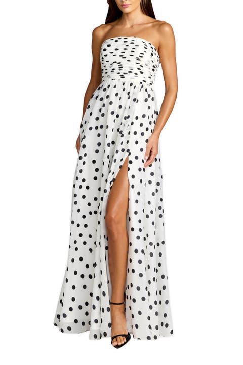 Polka Dot Strapless Viscose Gown With Slit