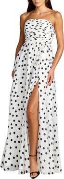 Mac Duggal Polka Dot Strapless Viscose Gown With Slit