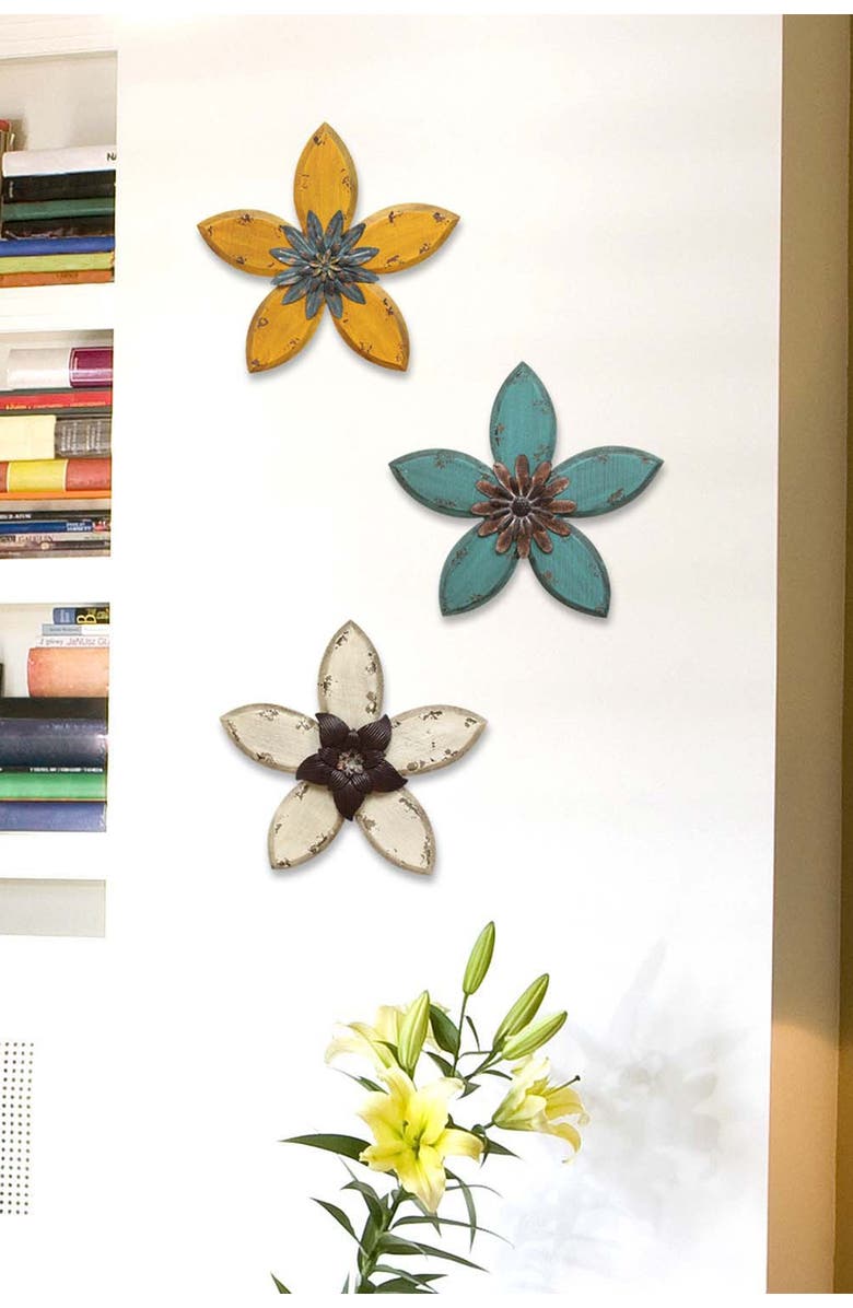STRATTON HOME DECOR Yellow/Teal Antique Flower Wall Decor, Alternate, color, 