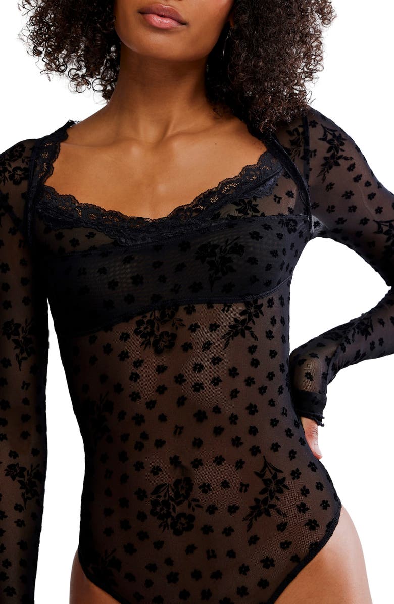 Free People In the City Semisheer Bodysuit, Alternate, color, Black