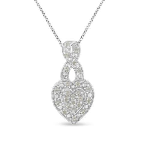 .925 Sterling Silver 1/3 Cttw Diamond Awareness Ribbon Halo Heart Pendant Necklace