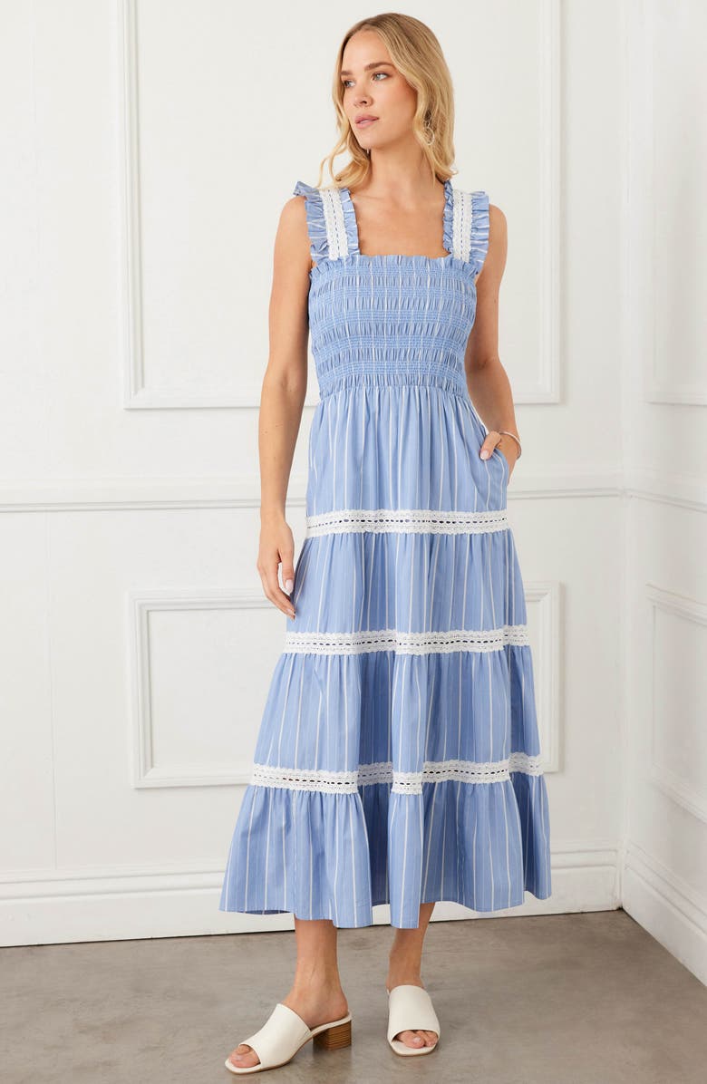 Karen Kane Tiered Stripe Sleeveless Cotton Midi Dress, Alternate, color, Blue W/ Off White