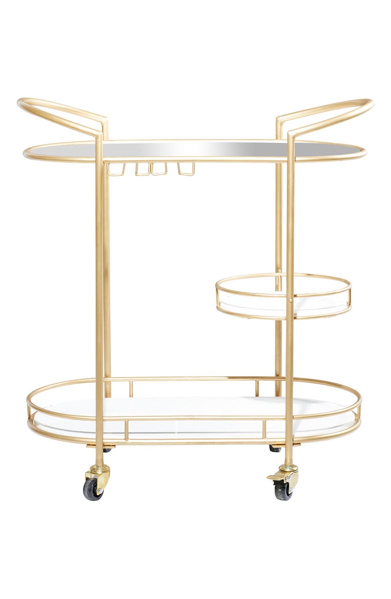 WILLOW ROW Goldtone Metal Contemporary Bar Cart with Lockable Wheels & Mirrored Top, Alternate, color, 