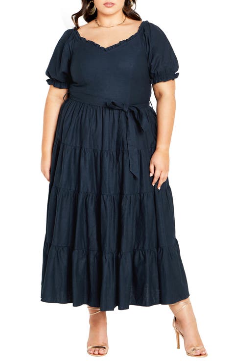 Puff Sleeve Tie Belt Midi Dress (Plus)