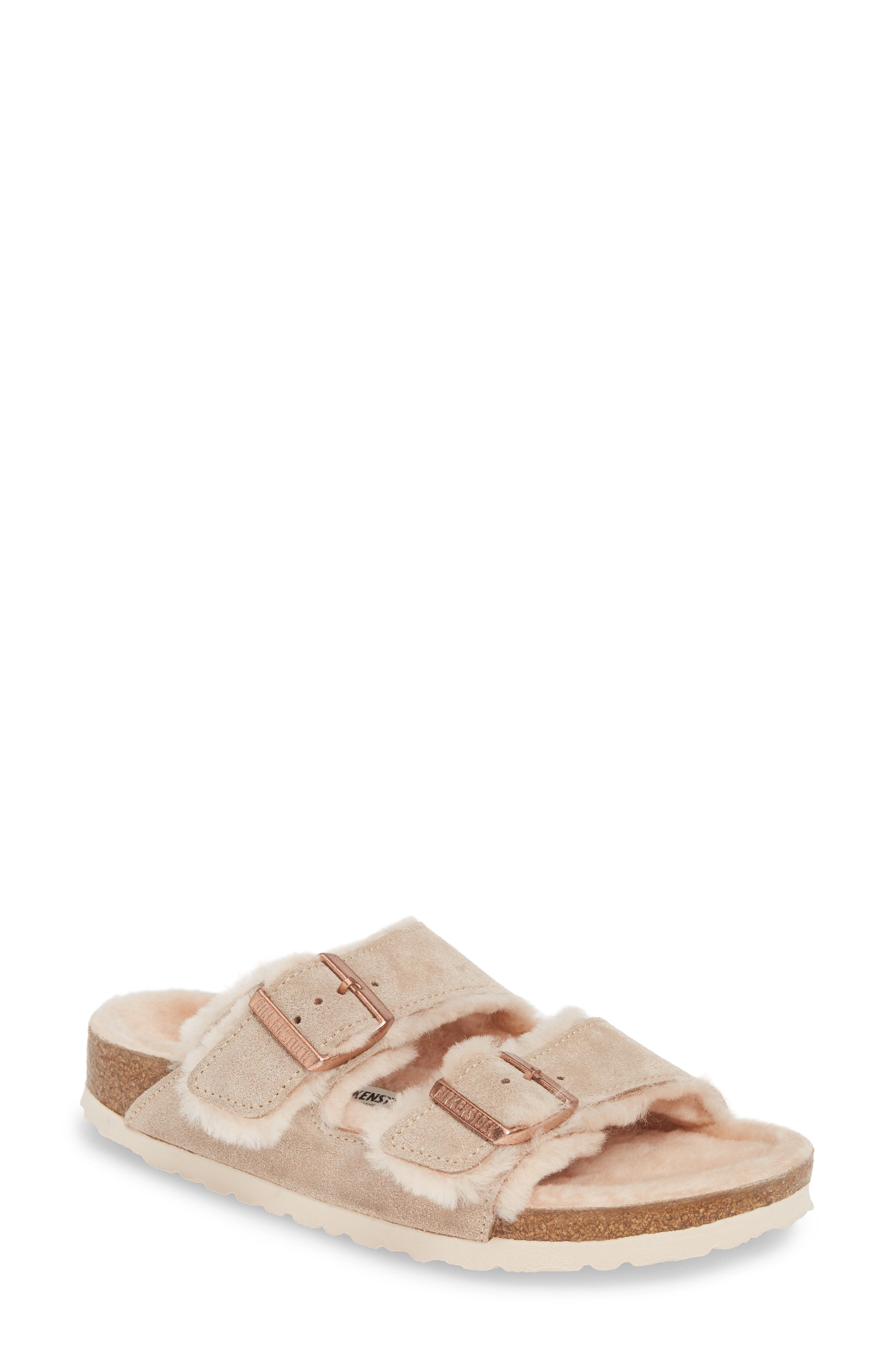 Arizona Genuine Shearling Slide Sandal, Main, color, NUDE SUEDE/ SHEARLING