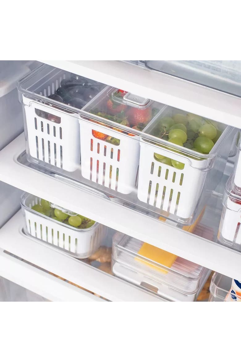 Clear Stackable Fridge Organizer Bin with Drain Basket and Vented Lid, 4 Pack, Alternate, color, Clear with White Drainer
