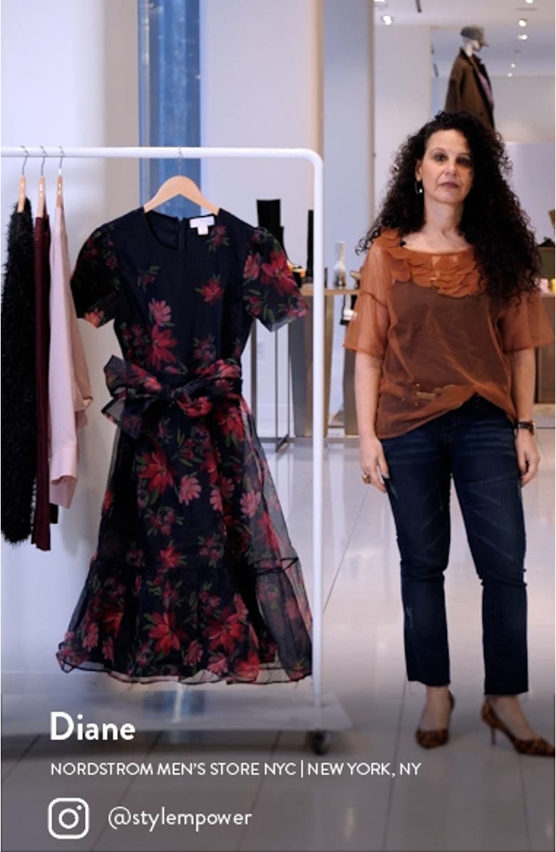 Floral Print Tie Waist Organza Midi Dress, sales video thumbnail