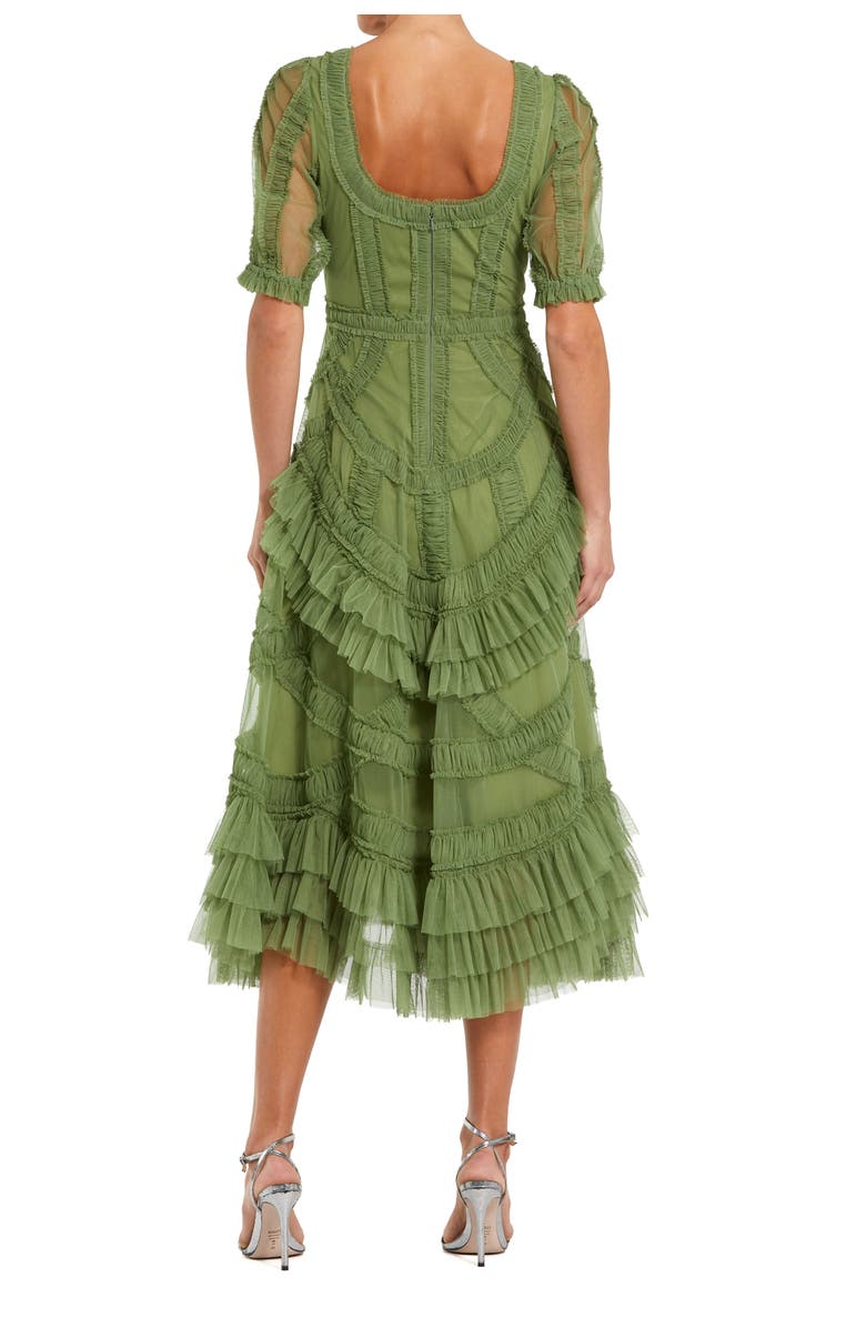 Mac Duggal Short Sleeve Mesh Micro Ruffle Midi Dress, Alternate, color, Moss Green