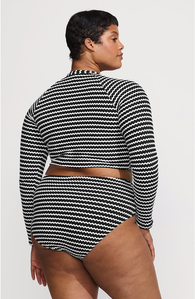 Lands' End Crochet Long Sleeve Bikini Top and High Waisted Bottoms Swimsuit Set, Alternate, color, Black/White