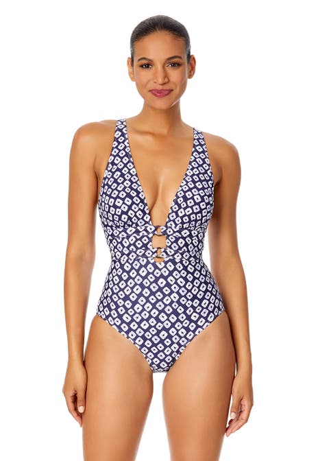 Women
s Shibori Geo Double Ring Plunge Front One Piece Swimsuit
