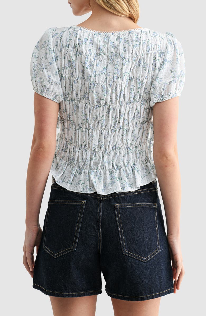 All in Favor Floral Smocked Side Tie Cotton Top, Alternate, color, Ivory Blue