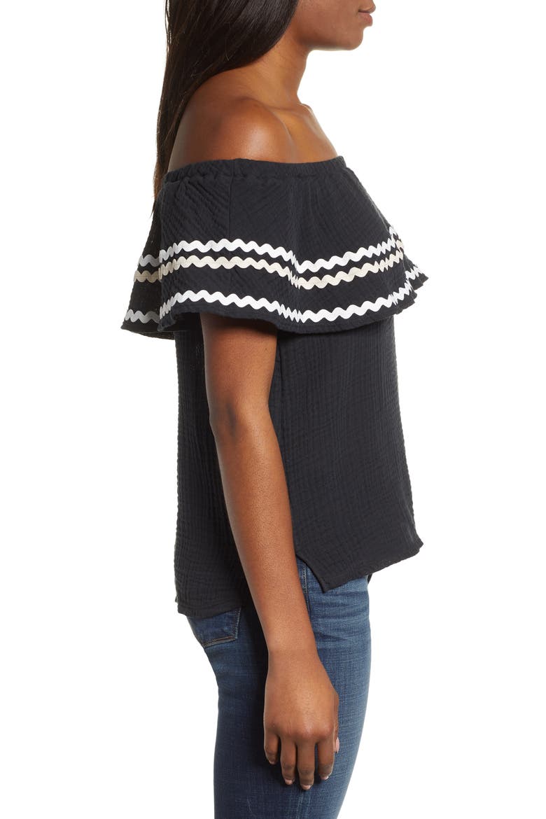 Gibson x Hi Sugarplum! Santa Fe Rickrack Off the Shoulder Top (Nordstrom Exclusive), Alternate, color, BLACK