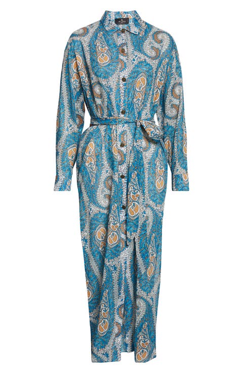 Paisley Print Belted Long Sleeve Cotton Shirtdress