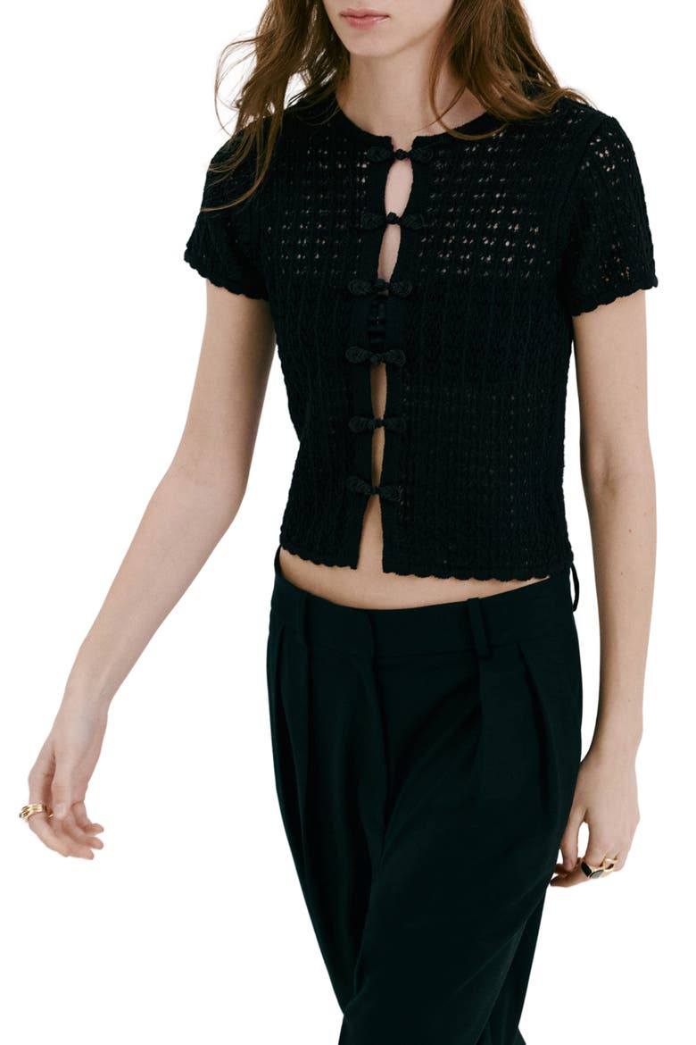 Open Stitch Short Sleeve Cardigan, Main, color, BLACK