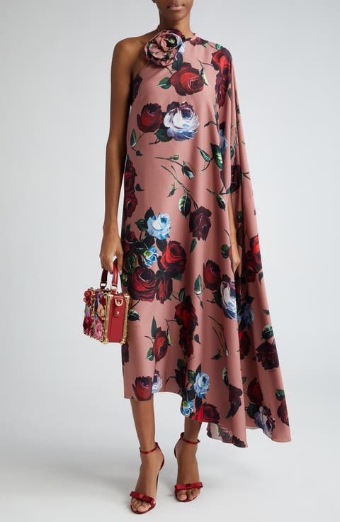 Rosette Floral Print Asymmetric One-Shoulder Charmeuse Dress