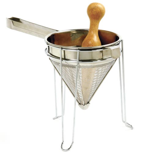 Norpro Stainless Steel Chinois With Chromed Steel Stand And Rubberwood Pestle, 3 Piece Set In Silver