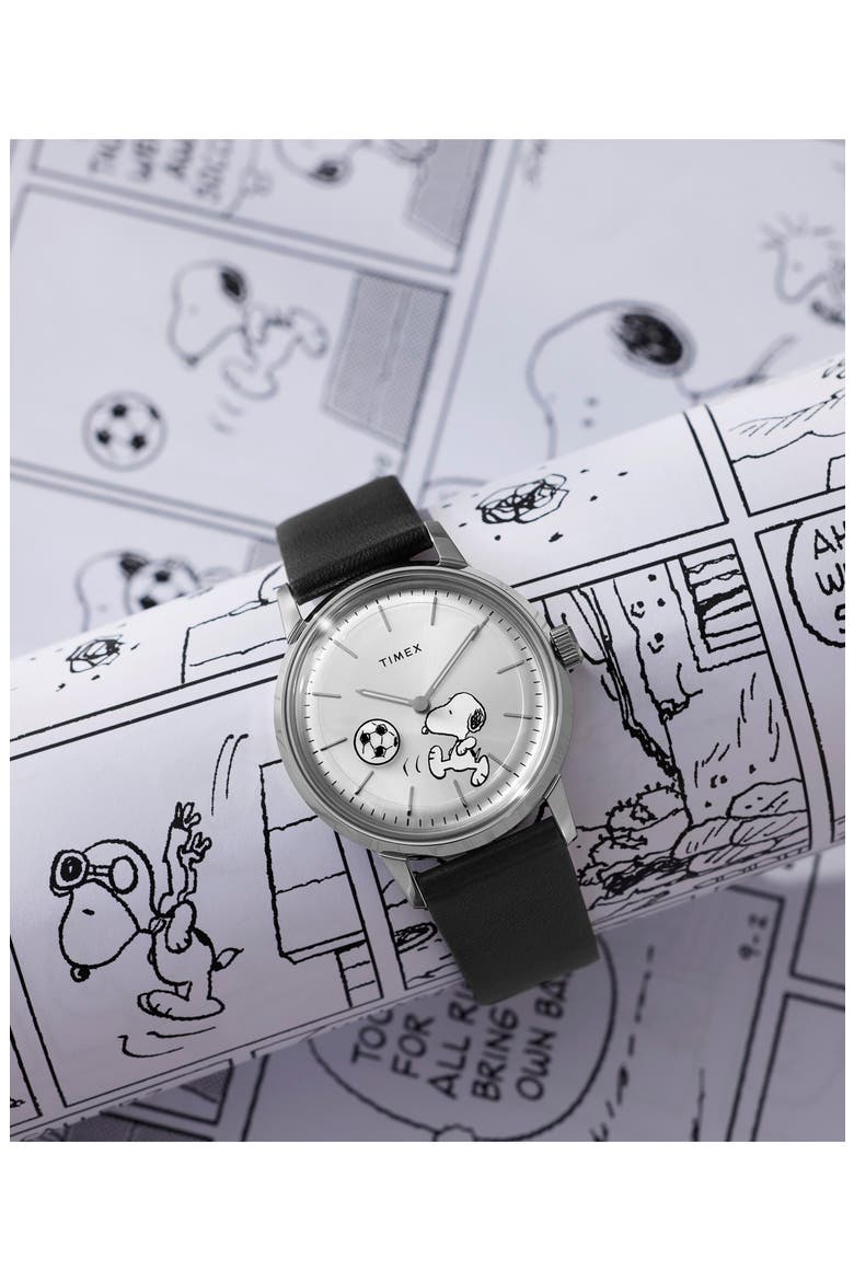 Peanuts® x Timex Marlin® Automatic 40mm Leather Strap Watch, Alternate, color, SILVER-TONE