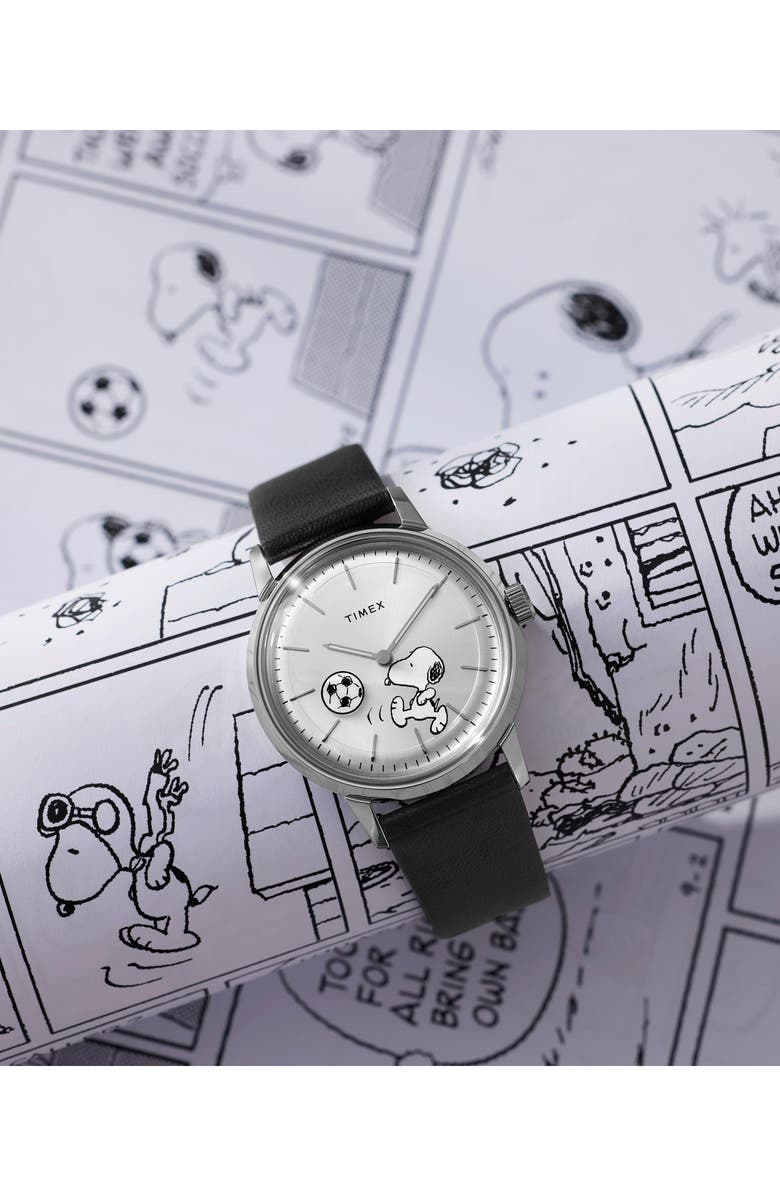 Timex<sup>®</sup> Peanuts<sup>®</sup> x Timex Marlin<sup>®</sup> Automatic 40mm Leather Strap Watch, Alternate, color, Silver-Tone