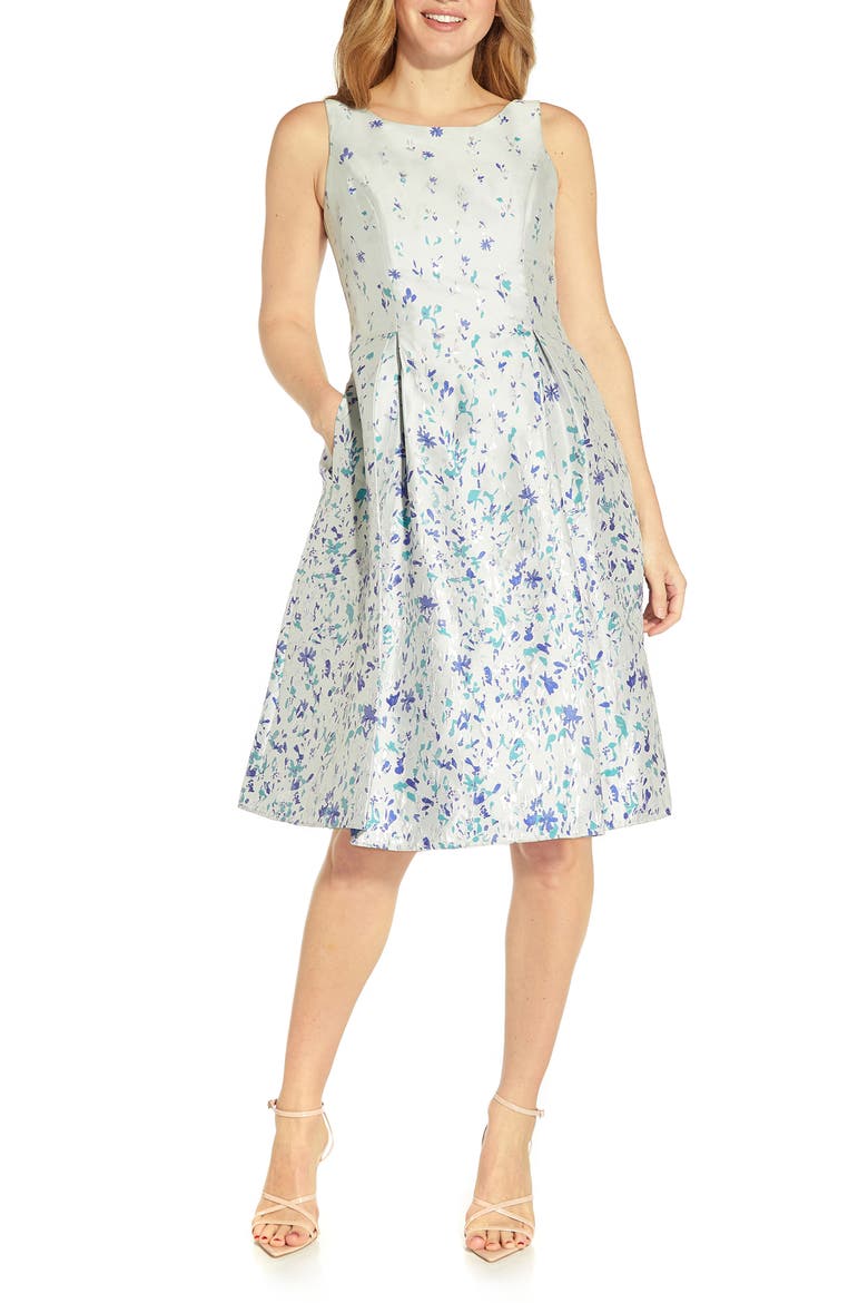 Floral Jacquard Fit & Flare Dress, Main, color, BLUE MULTI