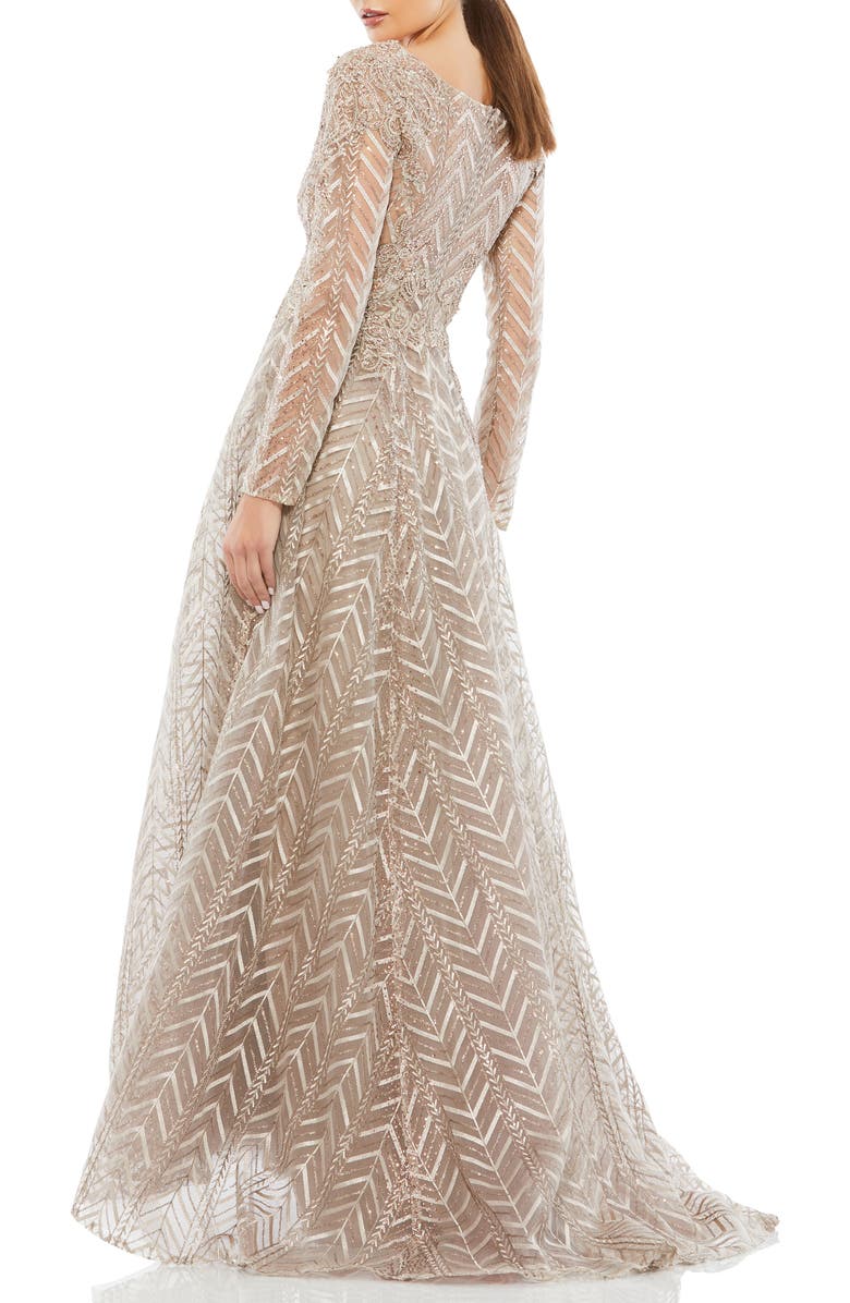Mac Duggal Embellished Illusion Long Sleeve Wrap Over A Line Gown, Alternate, color, Taupe
