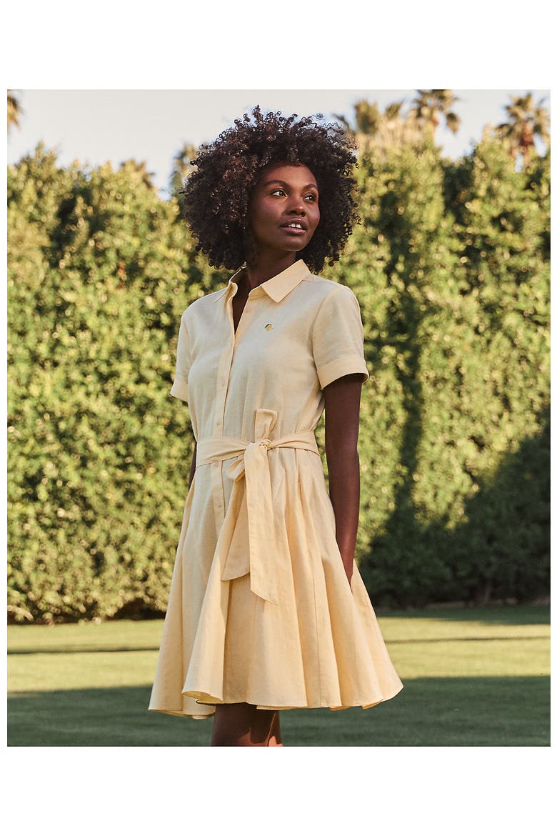 Linen Blend Button Front Dress with Godets, Alternate, color, Pale Sunbeam Yellow