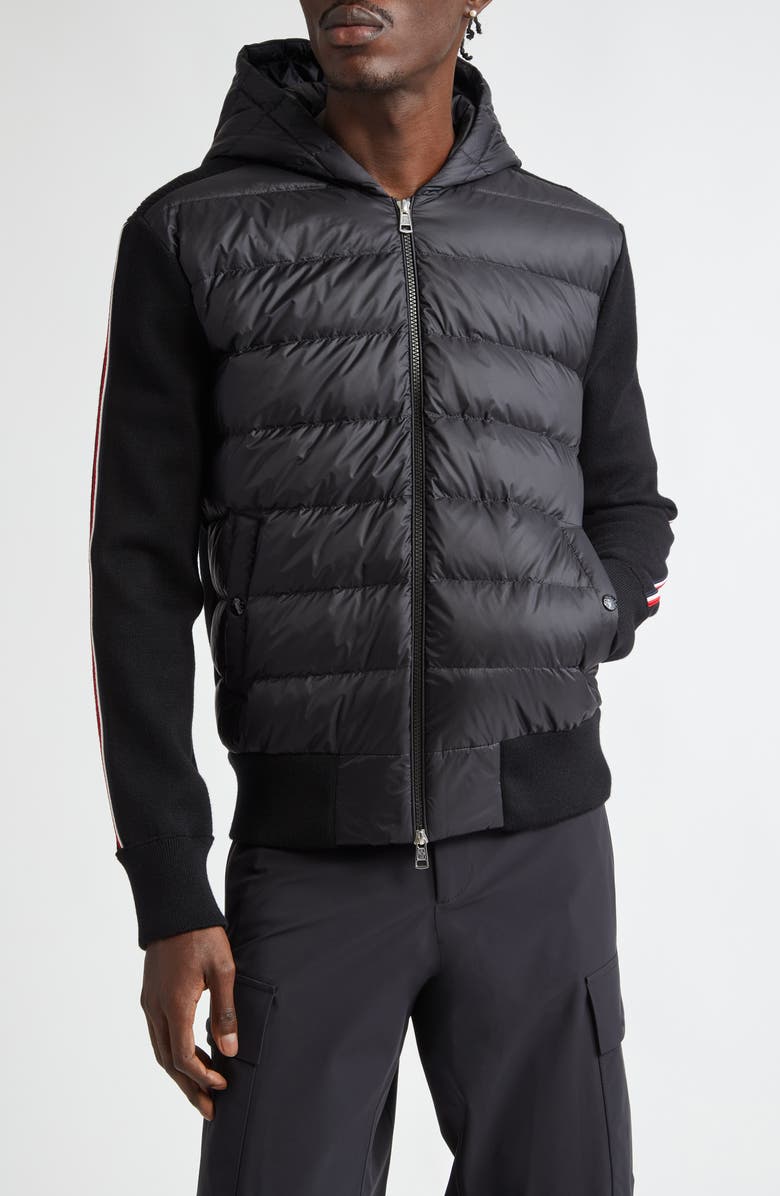 Moncler Hybrid Down & Wool Full Zip Hoodie, Main, color, Black