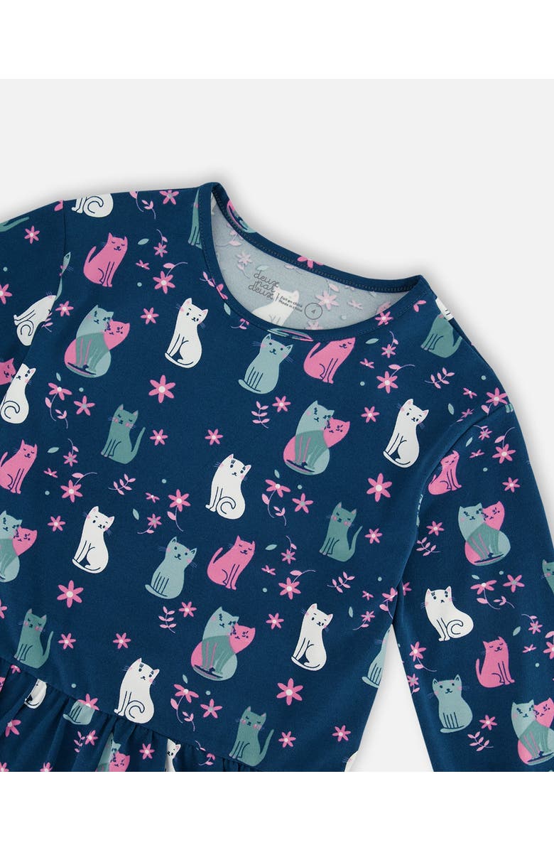 Deux par Deux Girl's Printed Long Sleeve Dress Navy Blue With Kitten, Alternate, color,