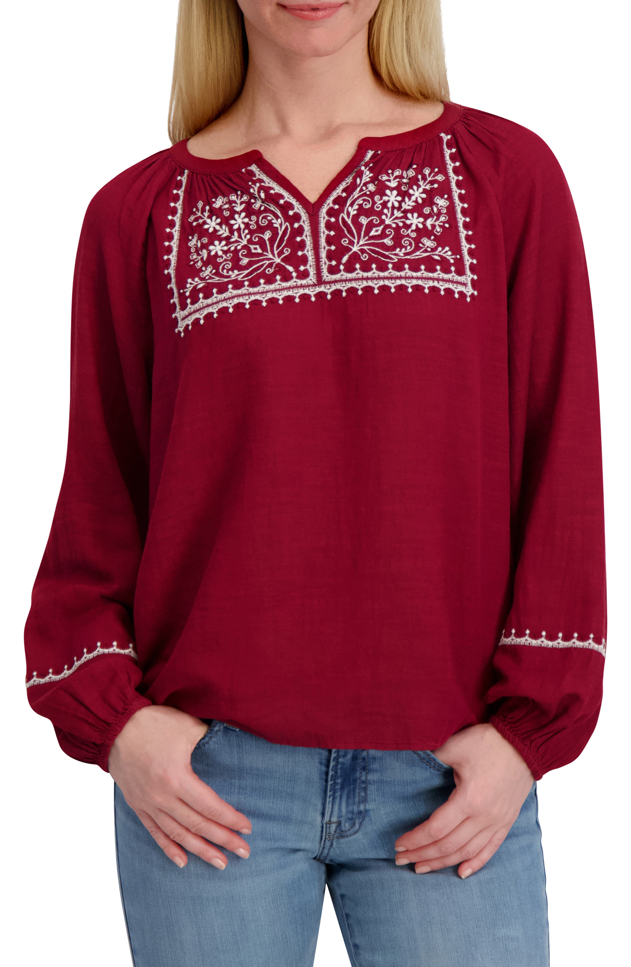 Lucky Brand Embroidered Long Sleeve Cotton Blend Top