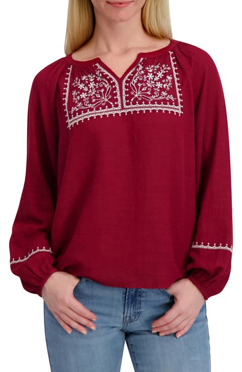 Embroidered Long Sleeve Cotton Blend Top