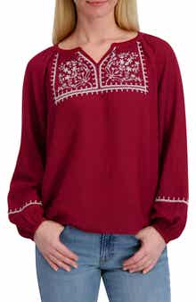 Lucky Brand Embroidered Long Sleeve Cotton Blend Top