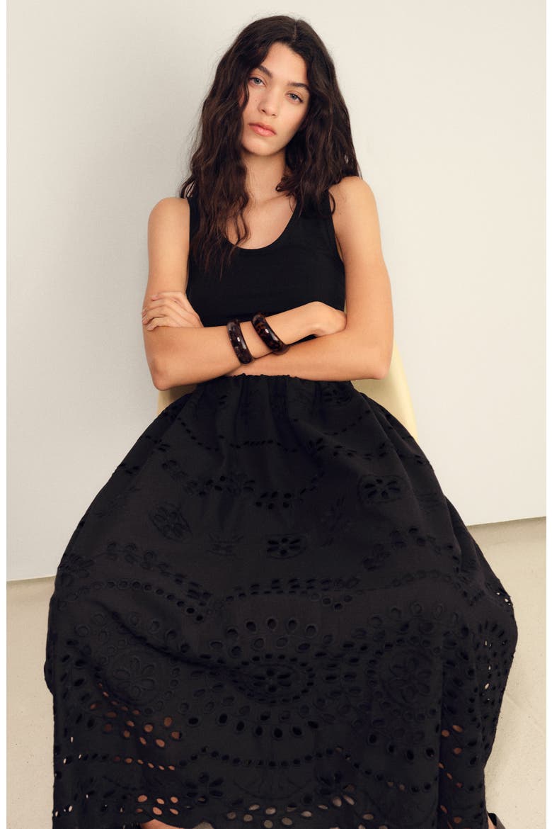 Embroidered Eyelet Detail Mixed Media Cotton Blend Dress, Alternate, color, BLACK