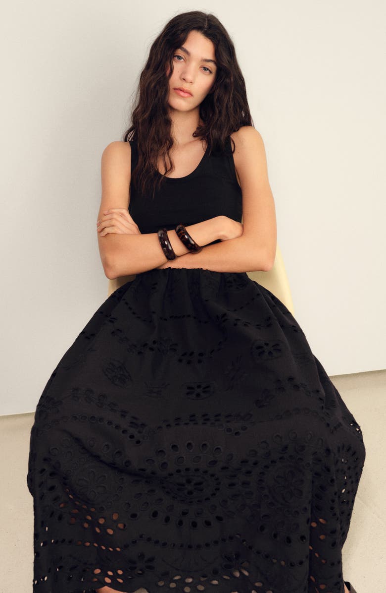 MANGO Embroidered Eyelet Detail Mixed Media Cotton Blend Dress, Alternate, color,