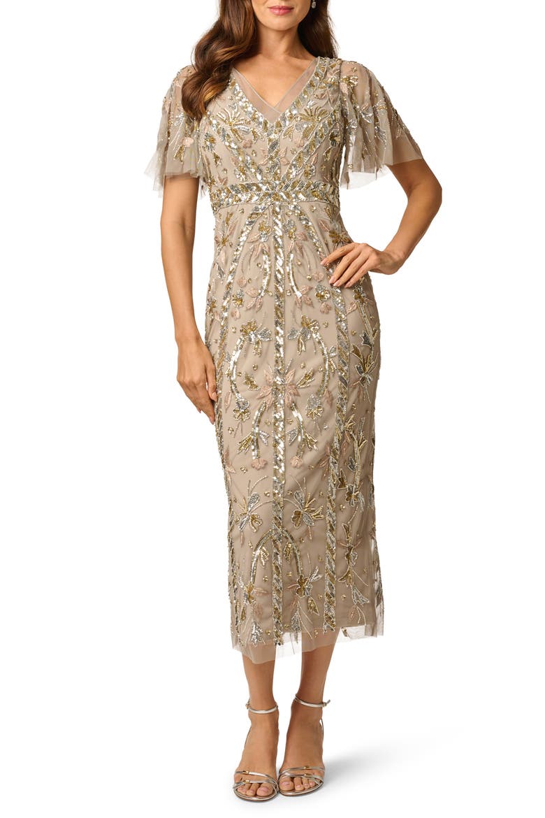 Embellished Flutter Sleeve Cocktail Dress, Main, color, PLATINUM