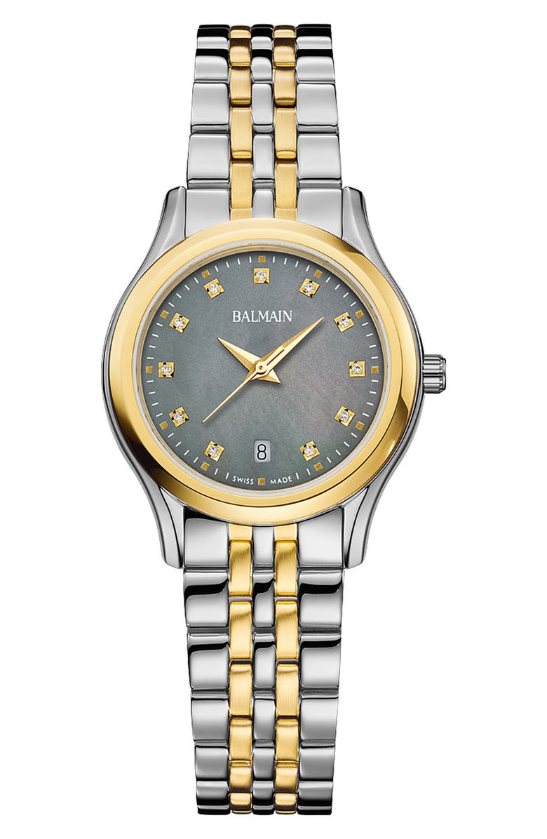 Balmain Beleganza Diamond & Mother-of-Pearl Bracelet Watch, 27.5mm, Main, color, Mop/ Two Tone
