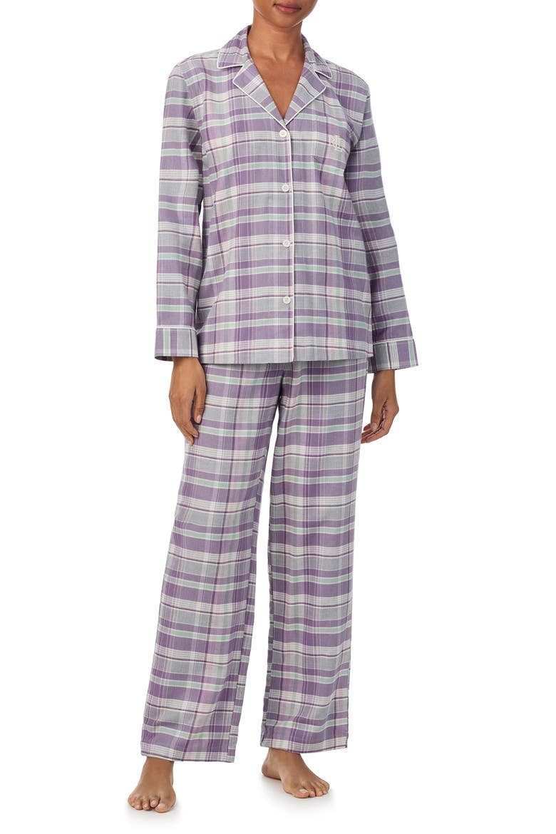Print Cotton Blend Pajamas, Main, color, PURPLE PLAID