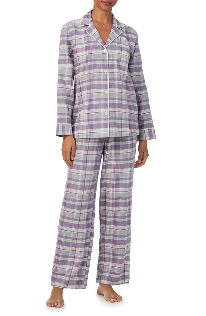 Lauren Ralph Lauren Print Cotton Blend Pajamas, Main, color, Purple Plaid