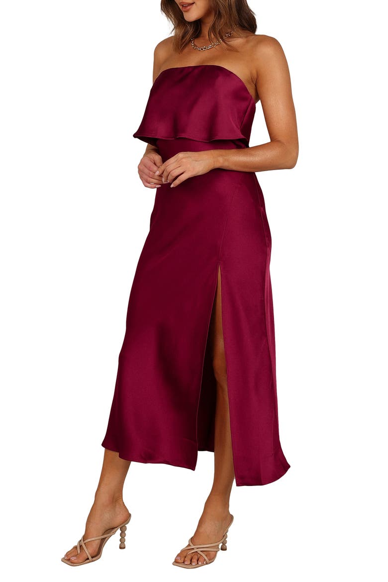 Vienna Popover Strapless Satin Midi Dress, Alternate, color, BERRY