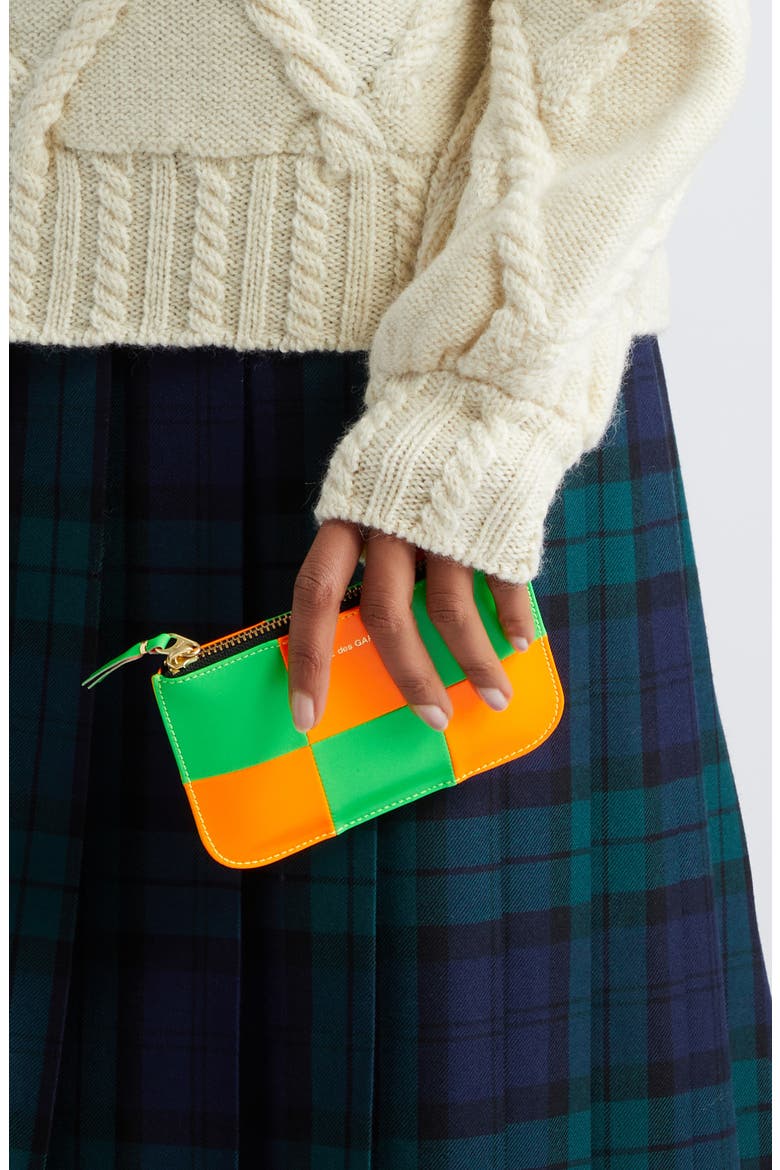 Small Fluo Squares Leather Pouch, Alternate, color, ORANGE/ GREEN