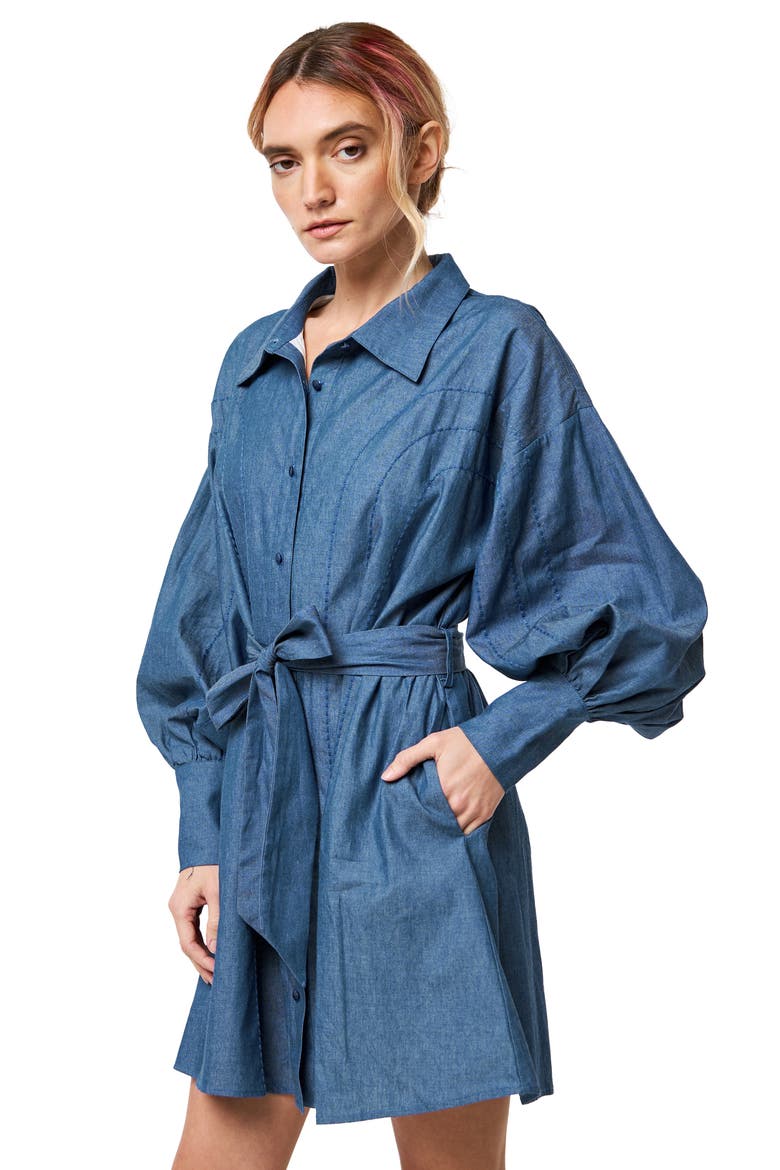 Embroidered Long Sleeve Denim Mini Shirtdress, Alternate, color, BLUE