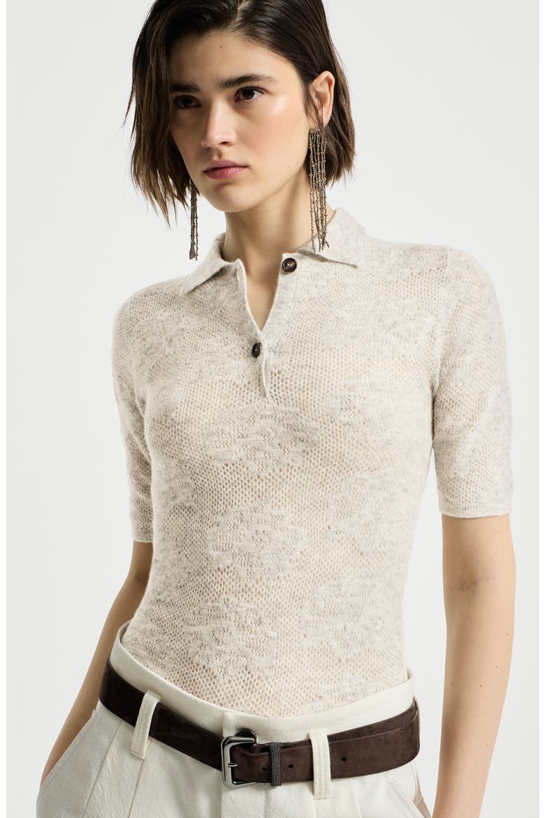 Silk, alpaca and wool flower lace knit polo, Alternate, color, Fog