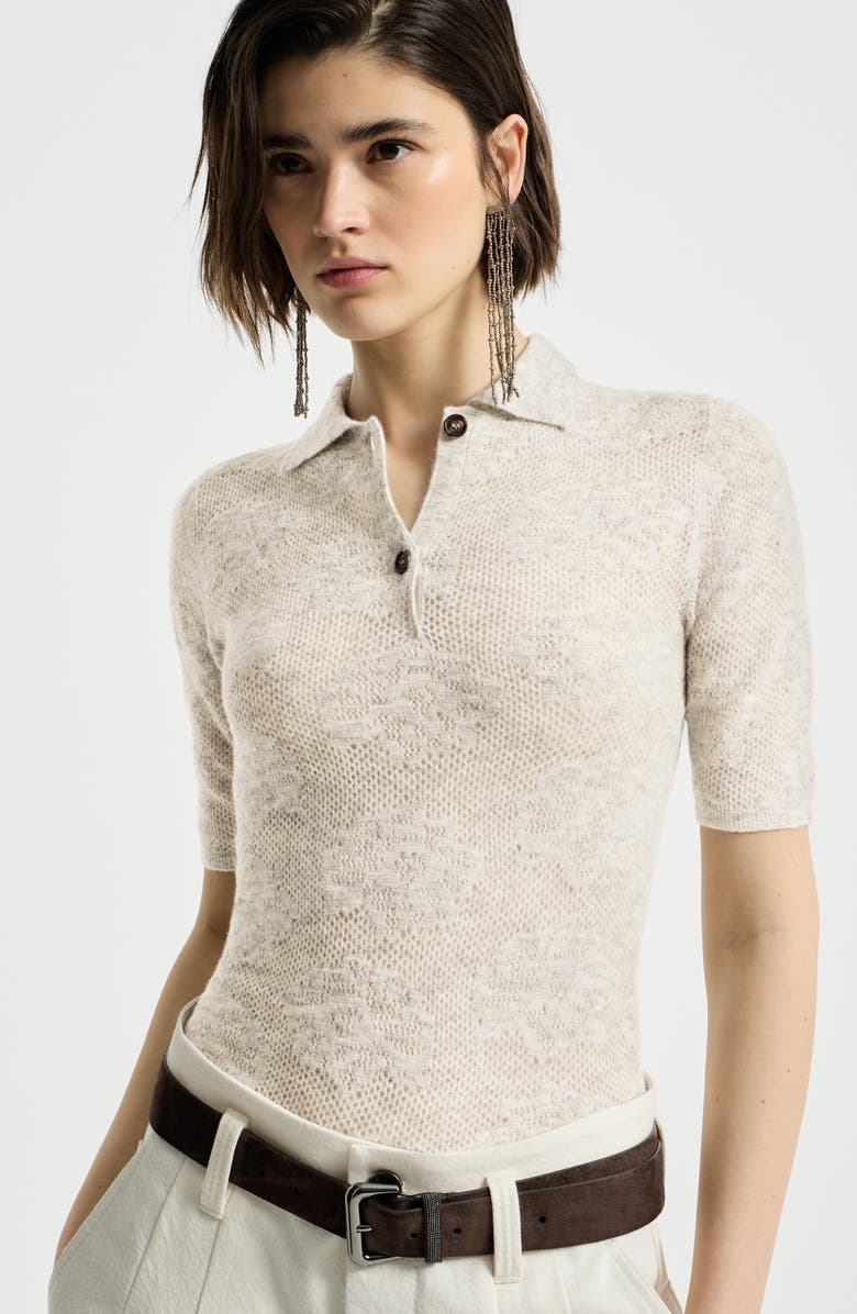 Brunello Cucinelli Silk, alpaca and wool flower lace knit polo, Alternate, color, Fog