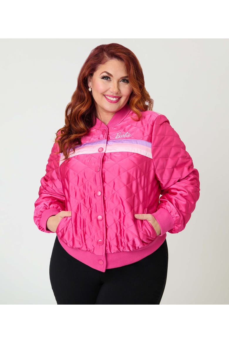 Plus Size Quilted Varsity Jacket, Main, color, Pink Stripe Embroidered