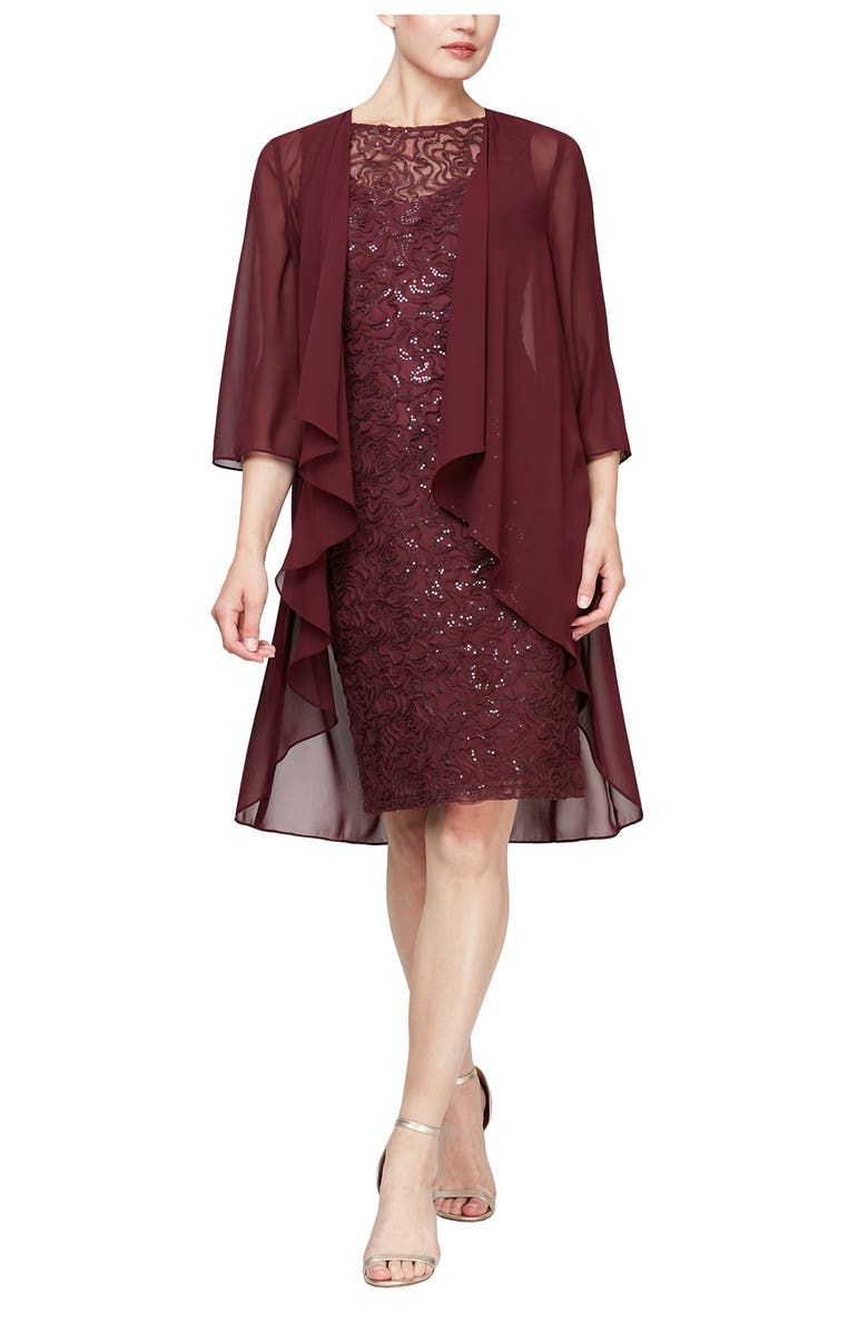 SLNY Embroidered Sequin Lace Midi 2-Piece Cape & Dress Set, Main, color,