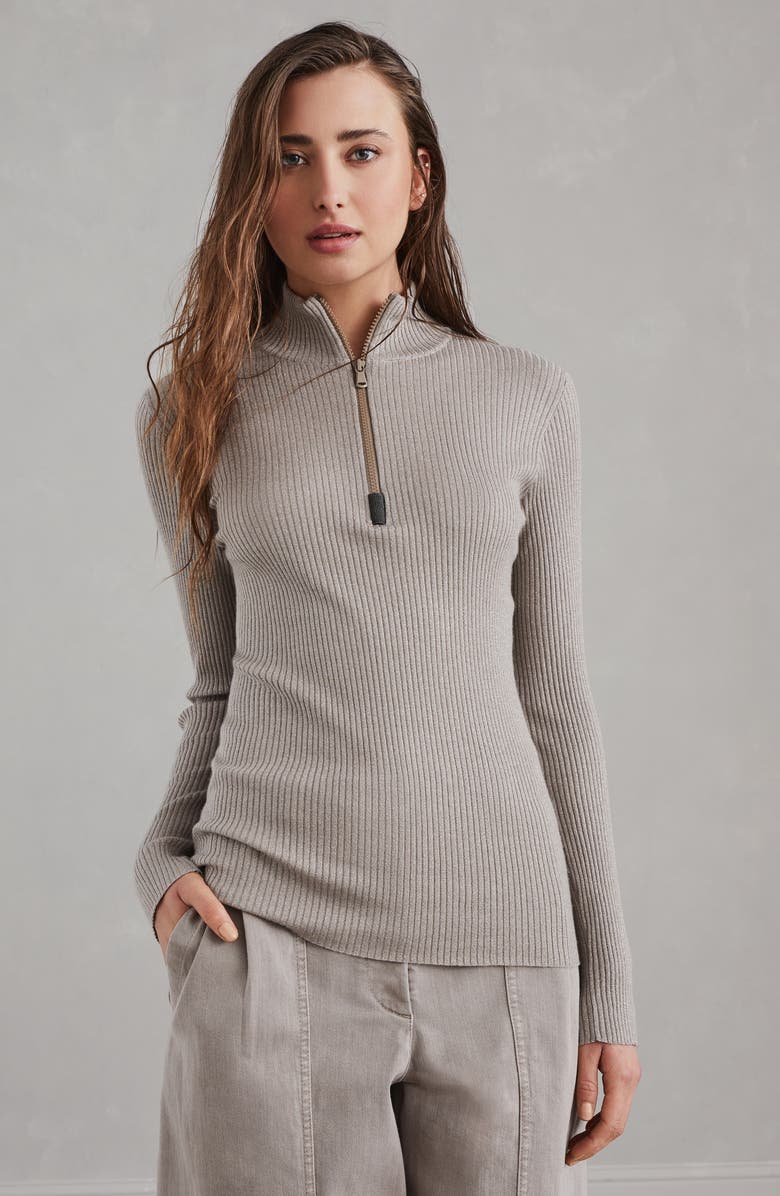 Brunello Cucinelli Sparkling cashmere and silk rib knit lightweight sweater with half zip and shiny detail, Alternate, color, 