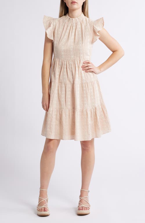 Julia Jordan Embroidered Ruffle Sleeve Cotton Dress In Beige Ivory