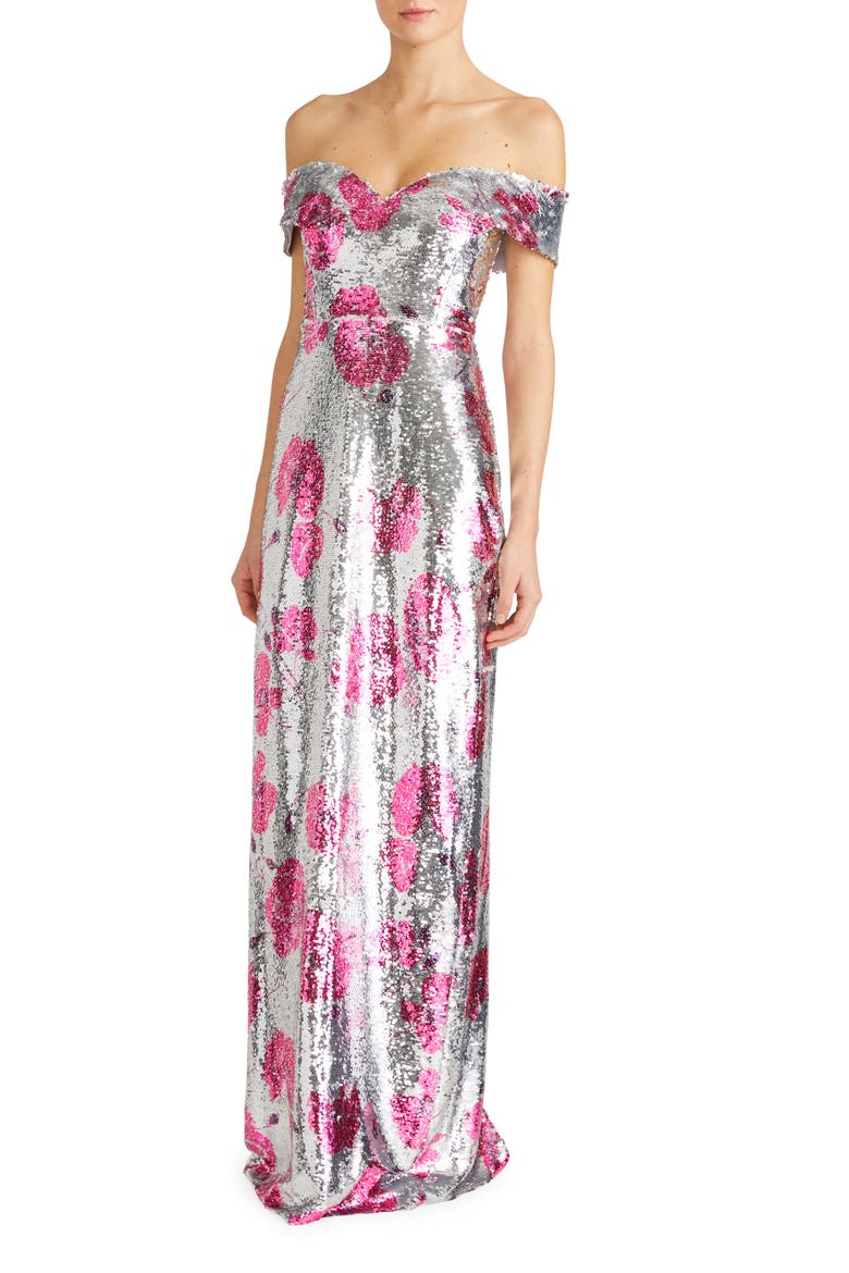 Estelle Sequin Off the Shoulder Gown, Alternate, color, SILVER DANCING POPPIES