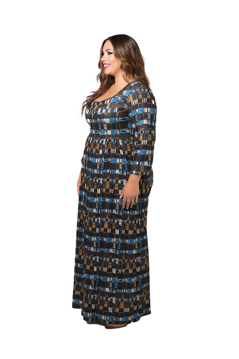 Plus Size Geometric Print Long Sleeve Empire Waist Maxi Dress, Alternate, color, Multi