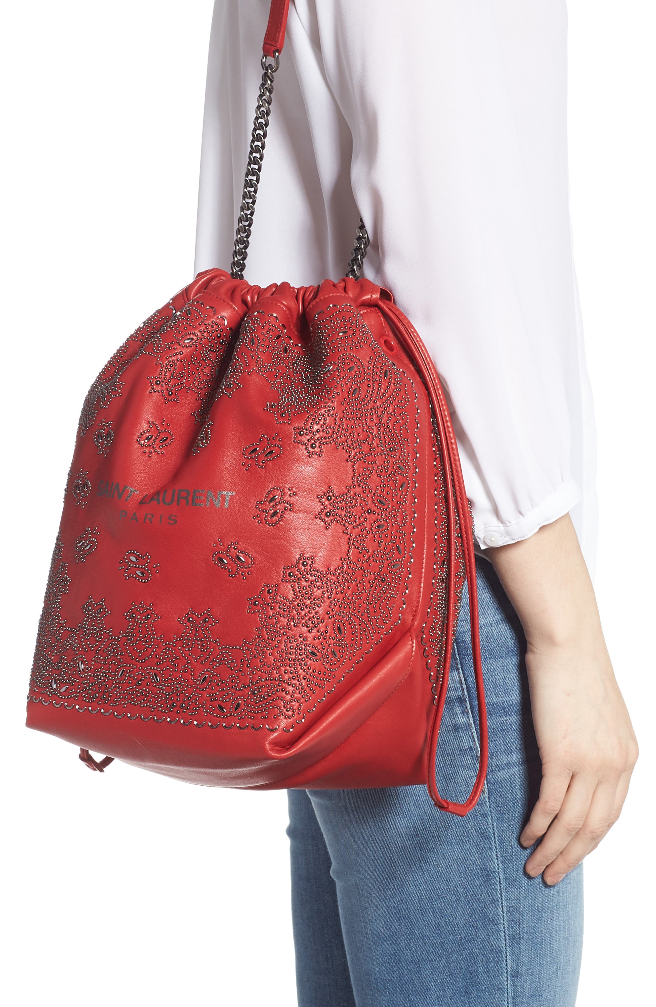 Saint Laurent Teddy Bandana Studded Leather Bucket Bag, Alternate, color, 