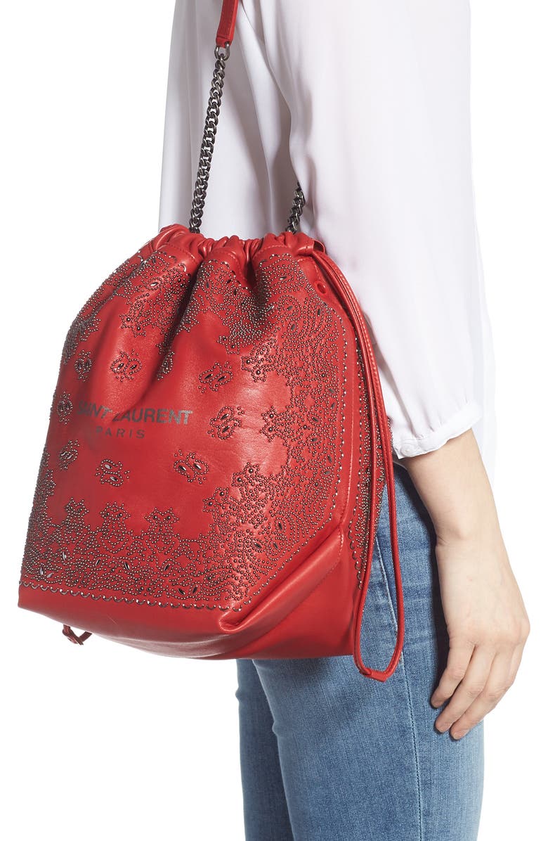 Saint Laurent Teddy Bandana Studded Leather Bucket Bag, Alternate, color,